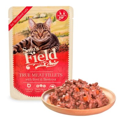 Мокра храна Sam’s Field Cat Pouch for Sterilized Cats with Beef Filets - 85 гр 00000005621 снимка
