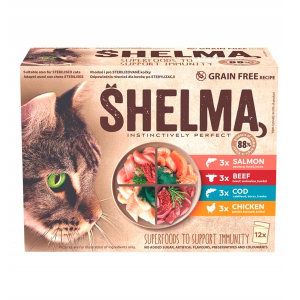 Парчета в сос Shelma Mix Salmon, Beef, Cod, Chicken - 12x85 гр 00000008235 снимка