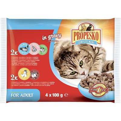 Храна Propesko Pouch for Cat 2x Salmon, Shrimp and Carrot, 2x Chicken and Beef - 4x100 гр 00000000690 снимка
